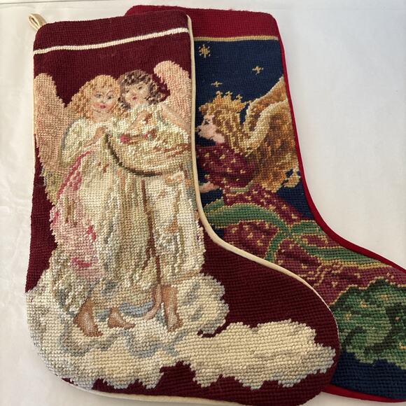 2 Imperial Elegance Vintage Needlepoint Christmas Stockings Angels Velvet - Picture 12 of 12